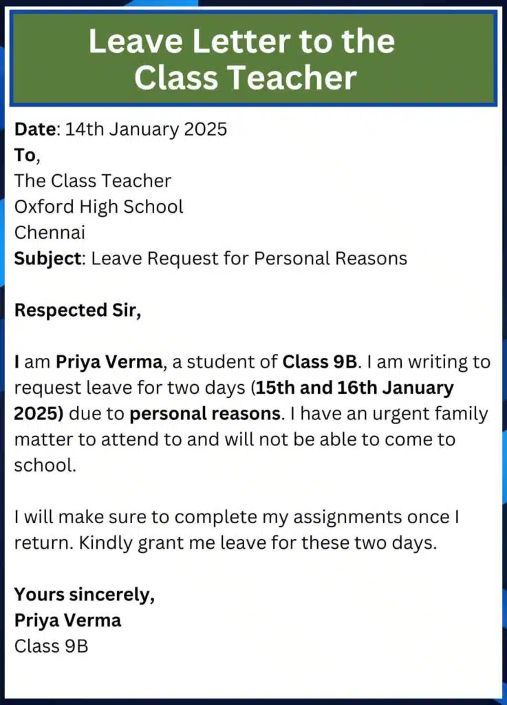 Leave Letter to the Class Teacher