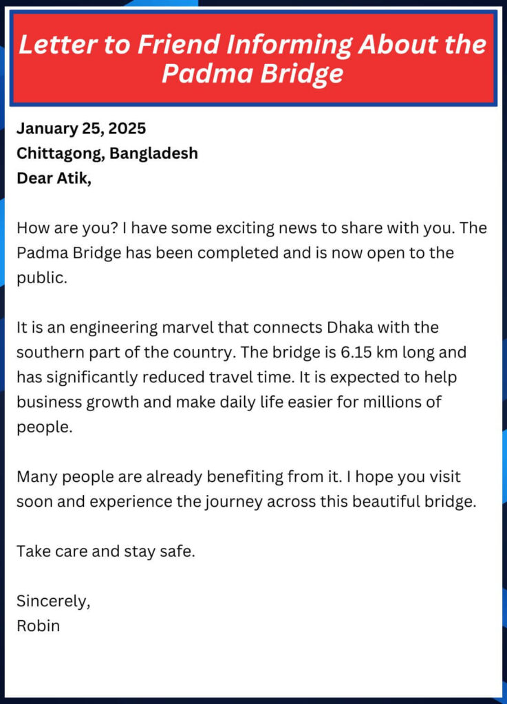 Letter to Friend Informing About the Padma Bridge