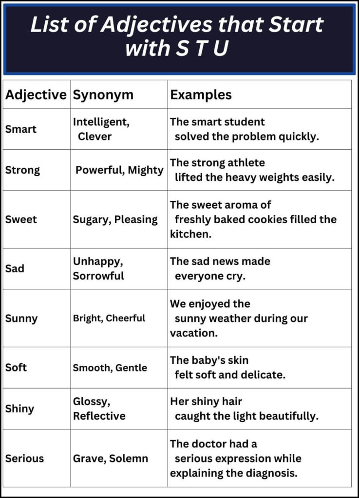 List of Adjectives that Start with S T U