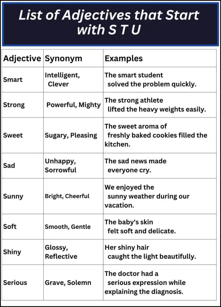 List of Adjectives that Start with S T U