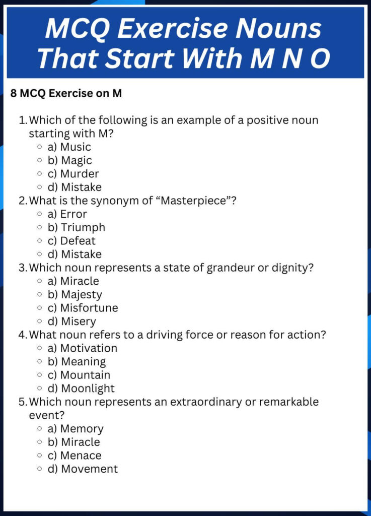 MCQ Exercise Nouns That Start With M N O