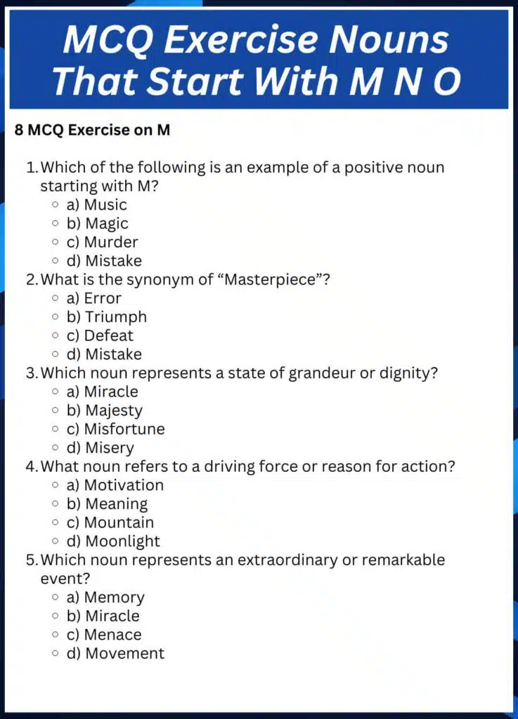 MCQ Exercise Nouns That Start With M N O