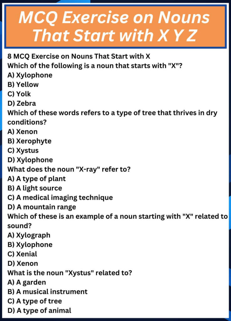 MCQ Exercise on Nouns That Start with X Y Z