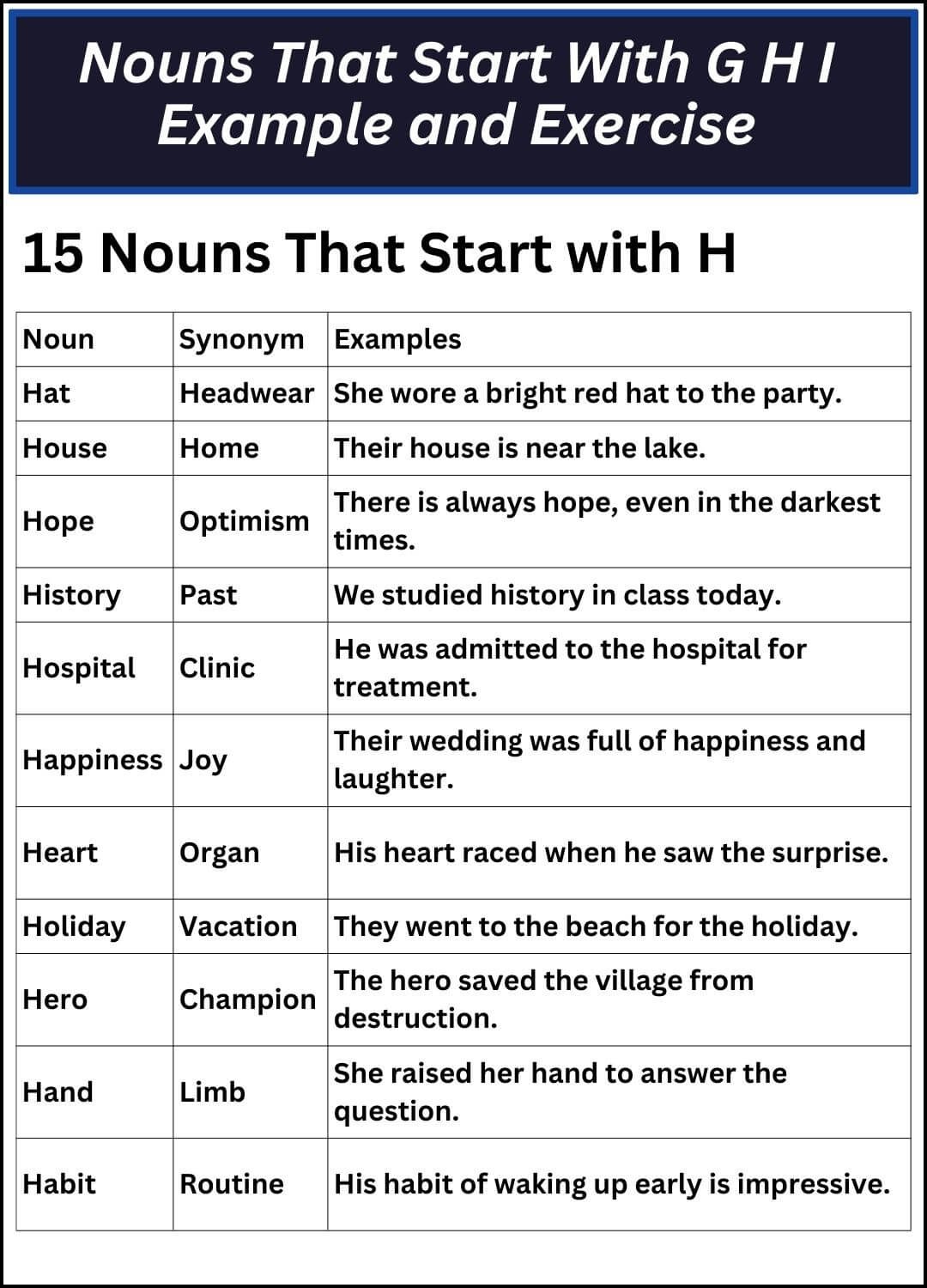 Nouns That Start With G H I Example And Exercise