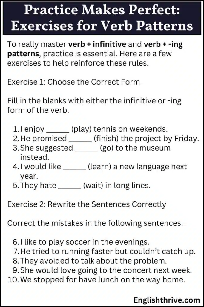 Practice Makes Perfect Exercises for Verb Patterns