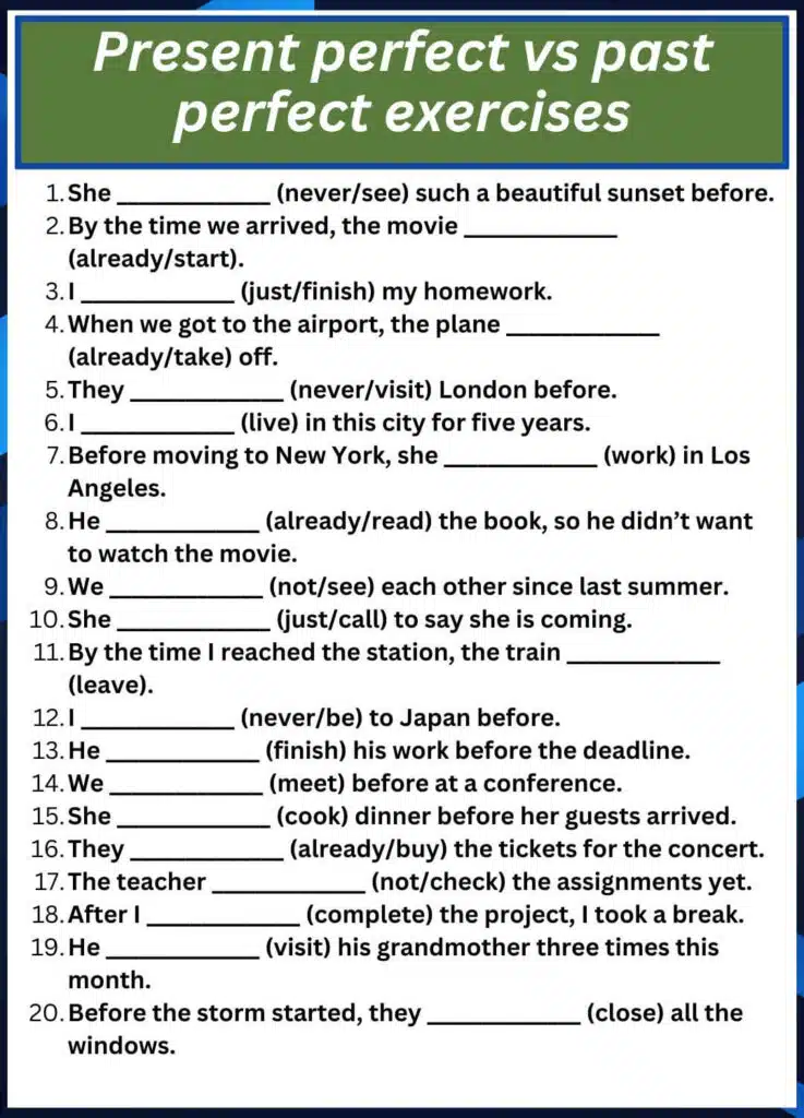 Present perfect vs past perfect exercises