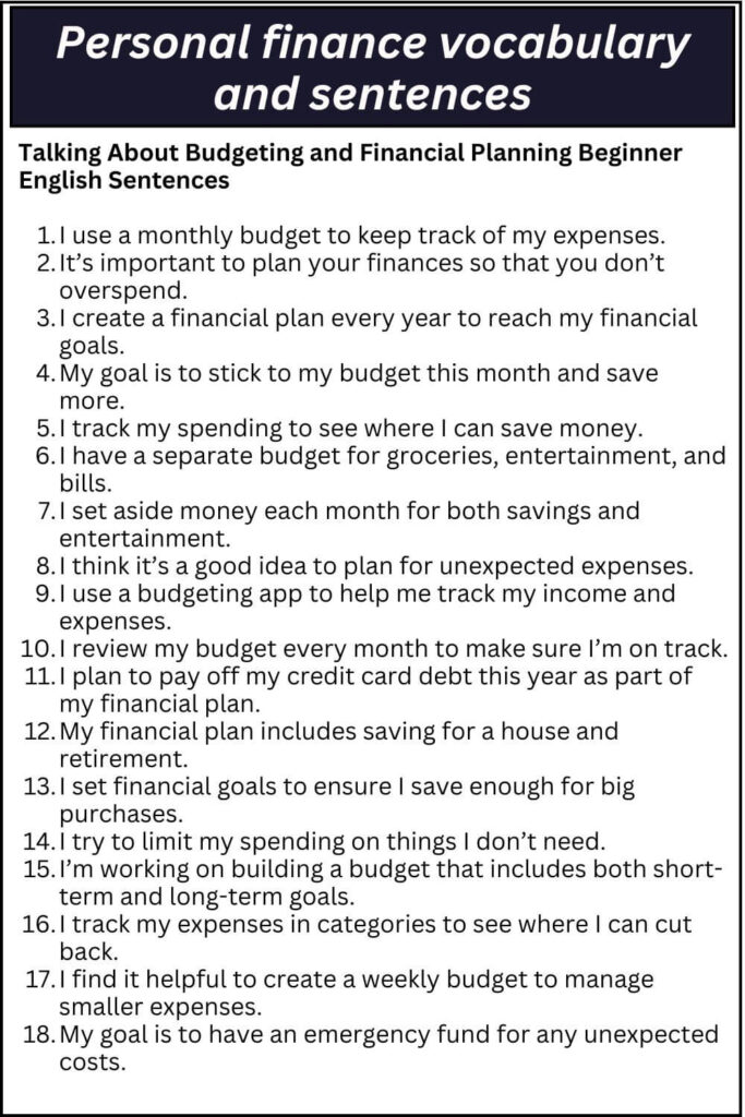 Personal finance vocabulary and sentences