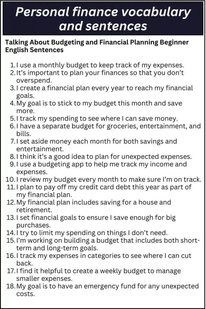 Personal finance vocabulary and sentences
