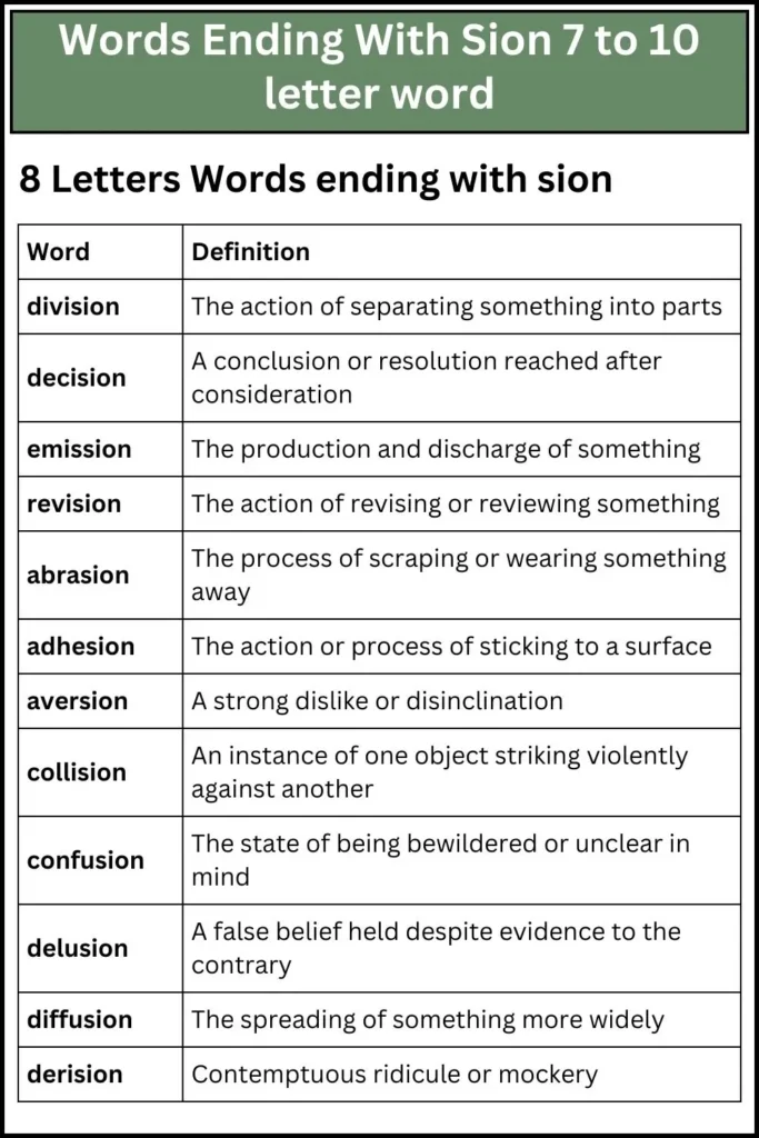 Words Ending With Sion 7 to 10 letter word