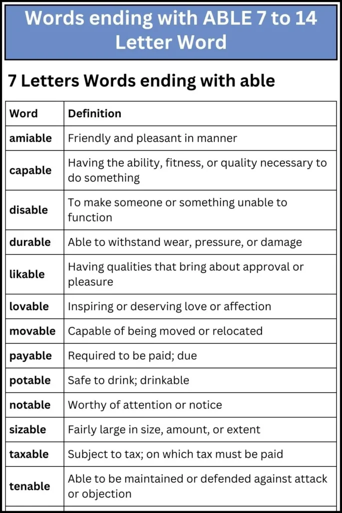 Words ending with ABLE 7 to 14 Letter Word