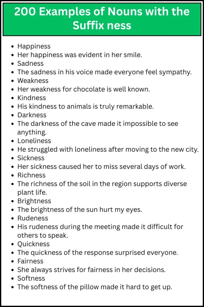 200 Examples of Nouns with the Suffix ness