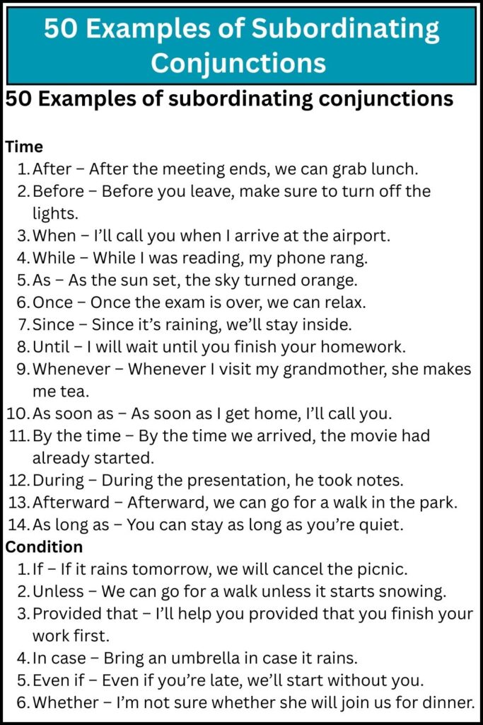 50 Examples of Subordinating Conjunctions