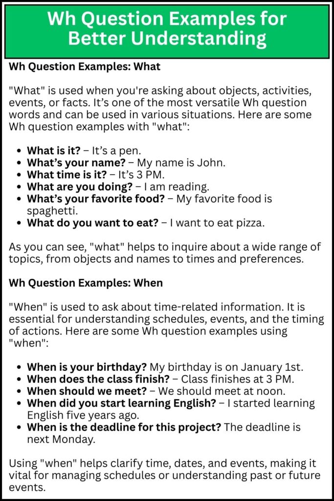 Wh Question Examples for Better Understanding