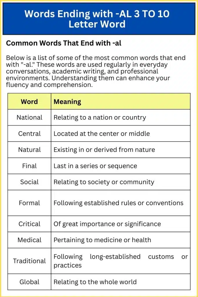 Words Ending with-AL 3 TO 10 Letter Word