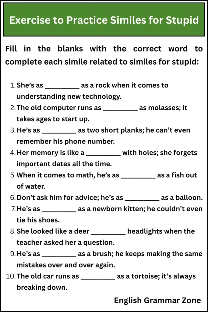 Exercise to Practice Similes for Stupid 